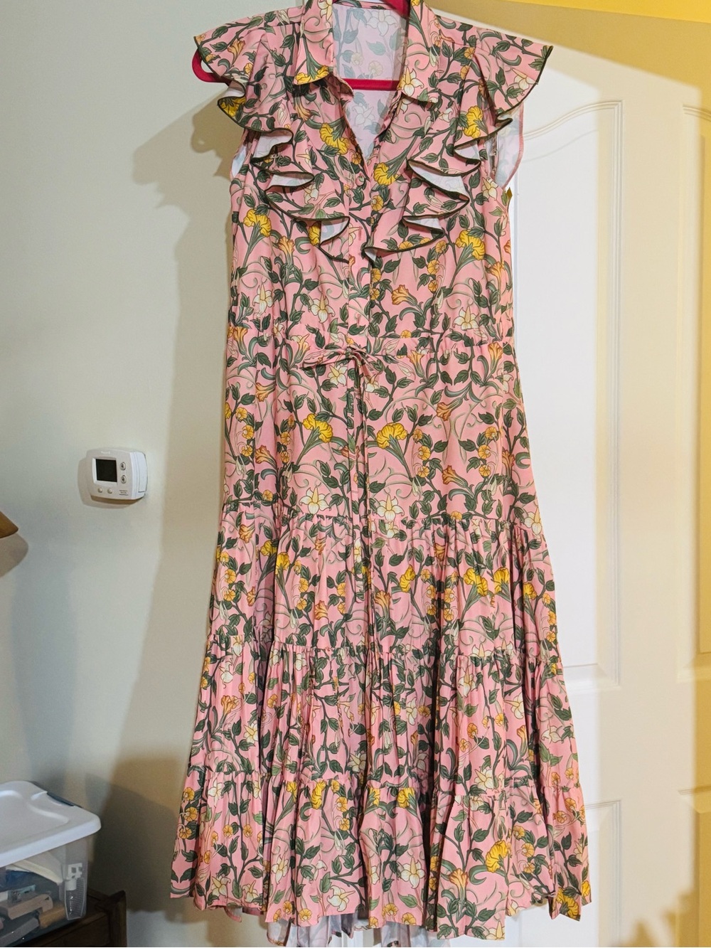 lei Pink Floral Ruffled Tiered Midi Dress with Yellow Accents